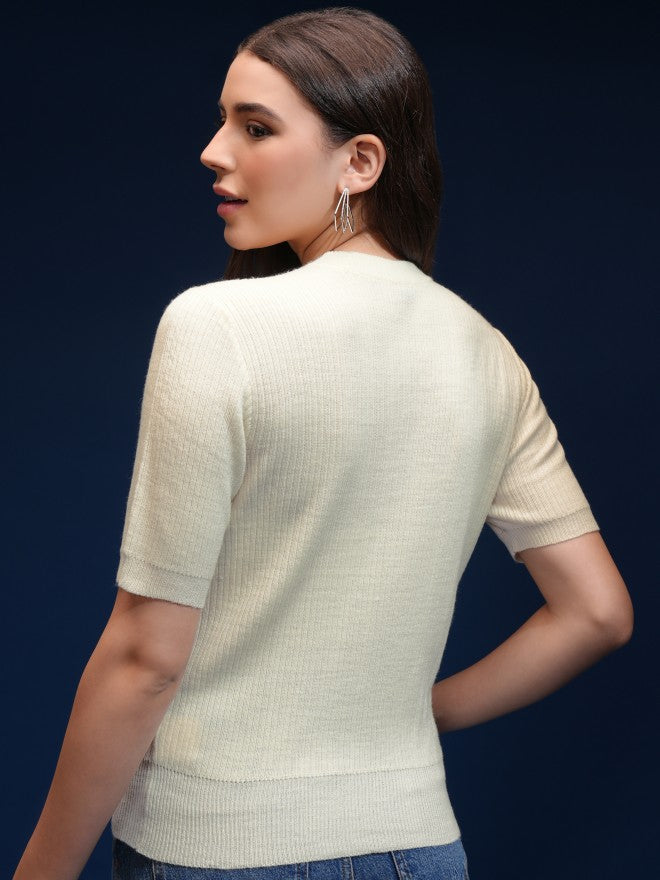 Tokyo Talkies Women Off White Round Neck Sweater - Off White - Image 3
