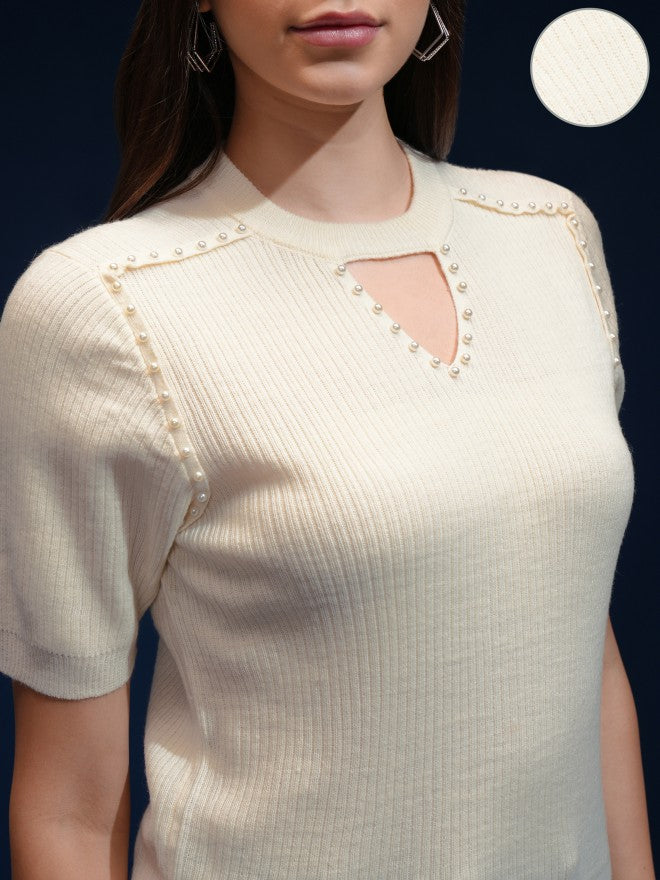 Tokyo Talkies Women Off White Round Neck Sweater - Off White - Image 5
