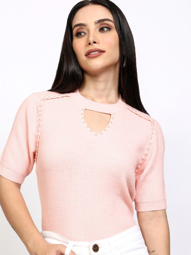 Tokyo Talkies Women Pink Round Neck Sweater - Pink - Image 1