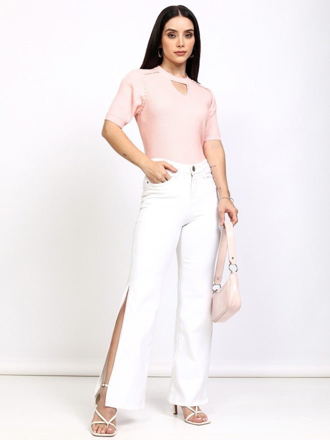 Tokyo Talkies Women Pink Round Neck Sweater - Pink - Image 2
