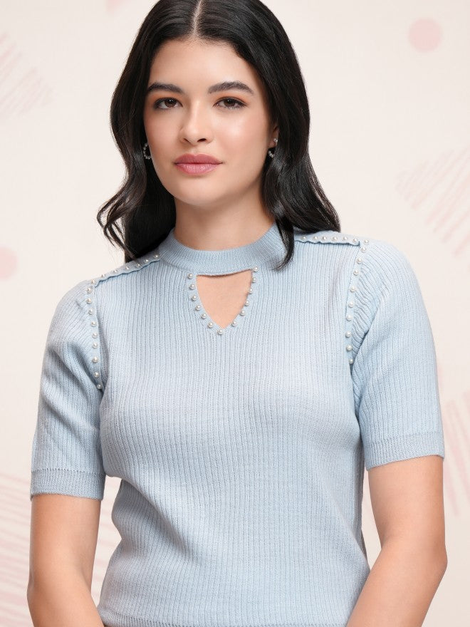 Tokyo Talkies Women Blue Round Neck Sweater - Blue - Image 1