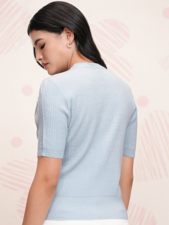 Tokyo Talkies Women Blue Round Neck Sweater - Blue - Image 3