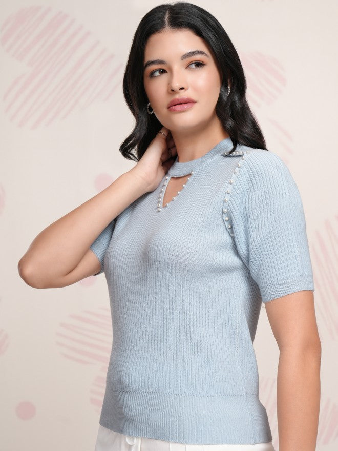 Tokyo Talkies Women Blue Round Neck Sweater - Blue - Image 4
