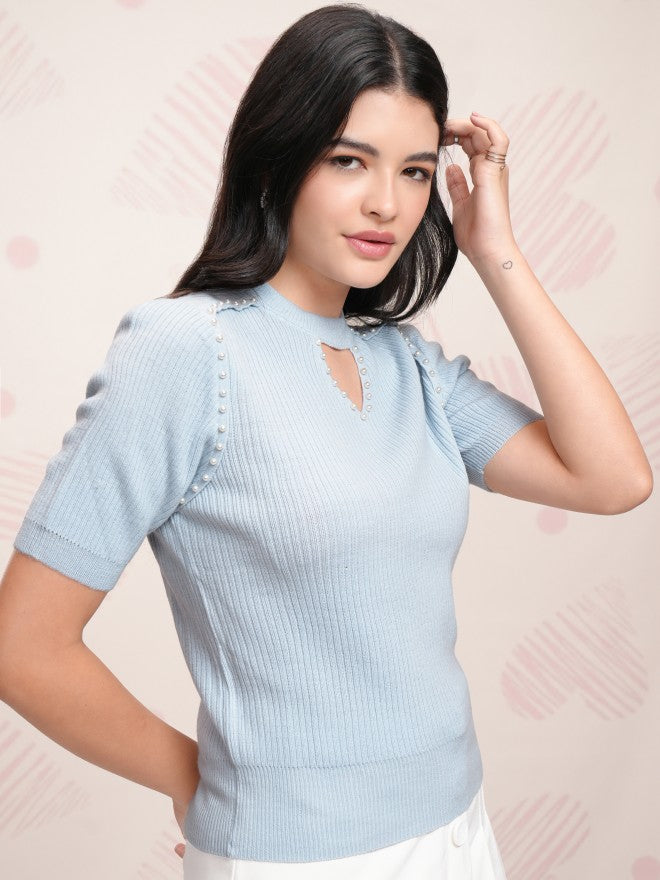Tokyo Talkies Women Blue Round Neck Sweater - Blue - Image 6