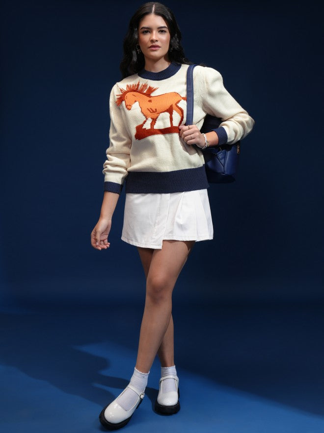 Tokyo Talkies Women Beige Round Neck Sweater - Beige - Image 2