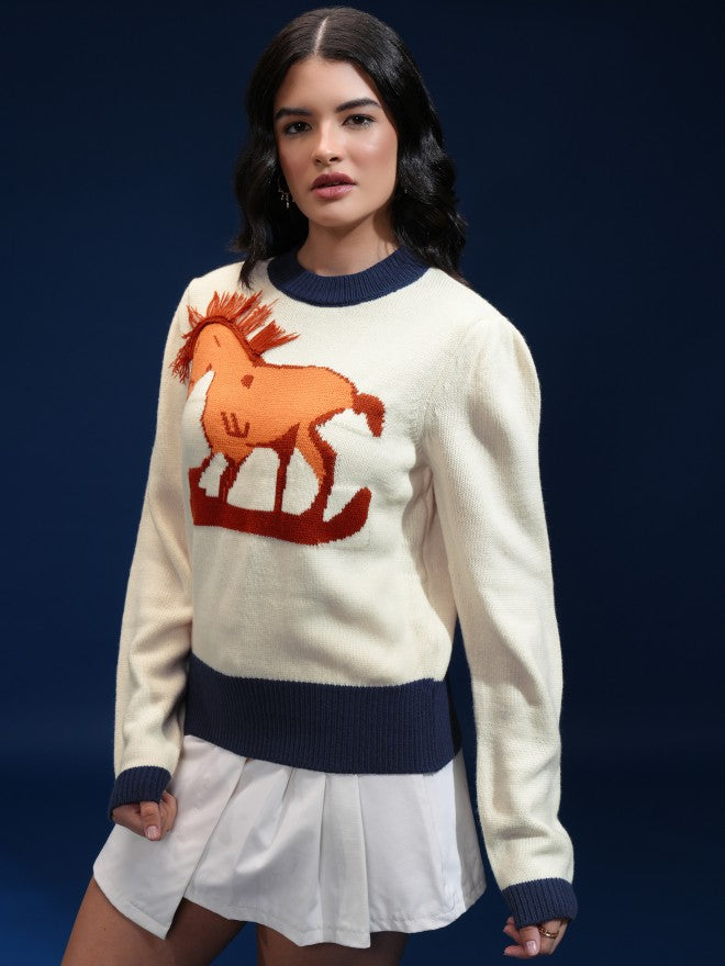Tokyo Talkies Women Beige Round Neck Sweater - Beige - Image 4