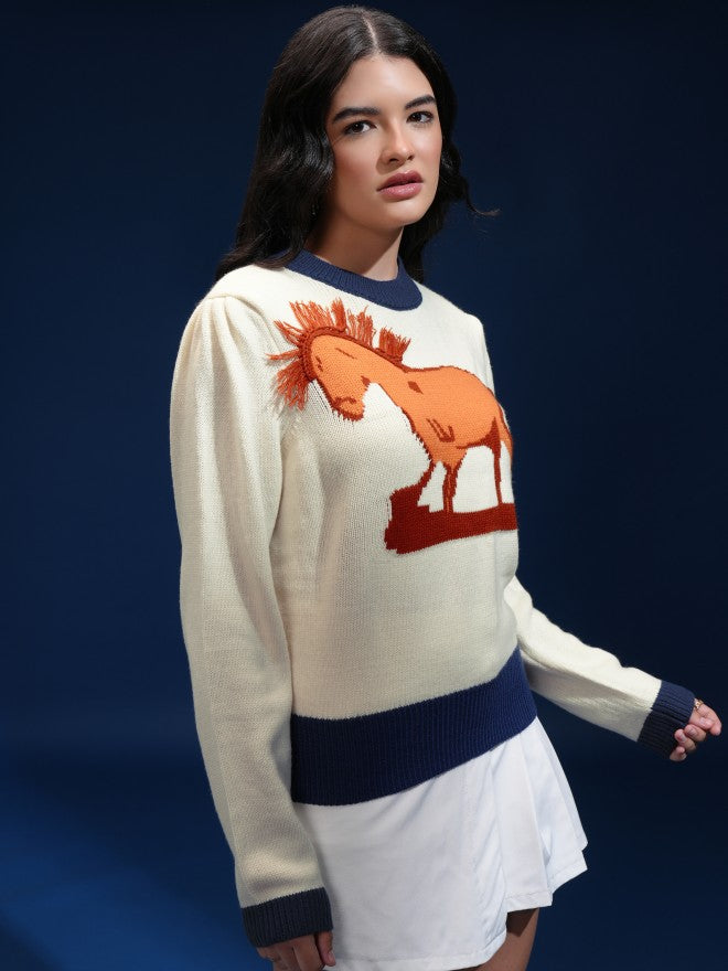 Tokyo Talkies Women Beige Round Neck Sweater - Beige - Image 6