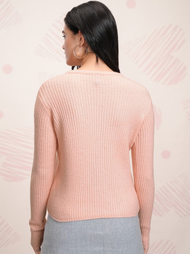Tokyo Talkies Women Rose Round Neck Sweater - Rose - Image 3