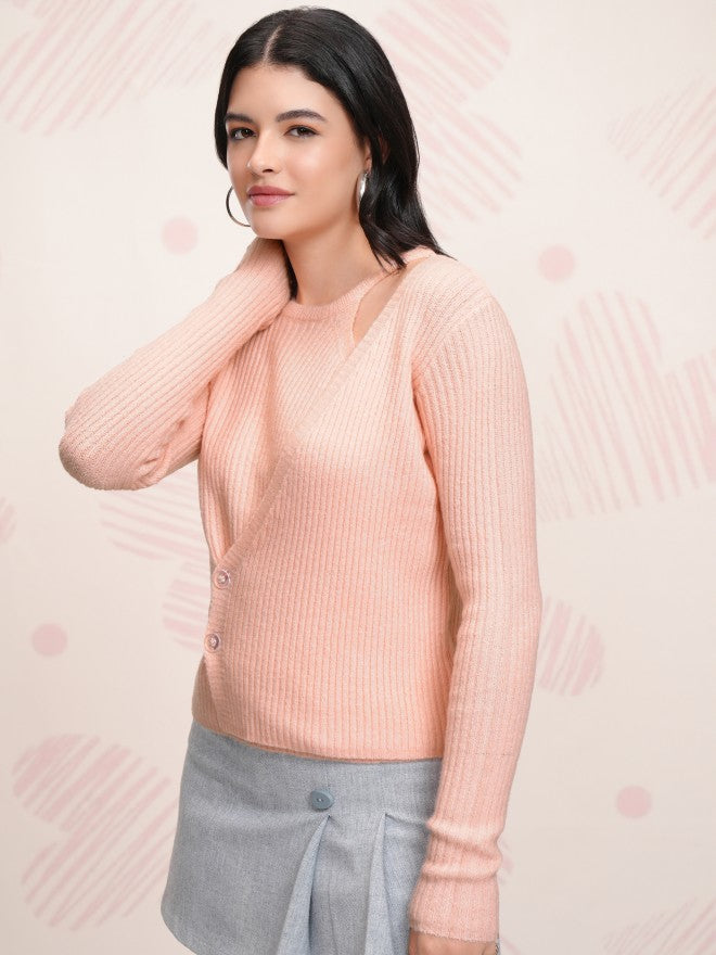 Tokyo Talkies Women Rose Round Neck Sweater - Rose - Image 4