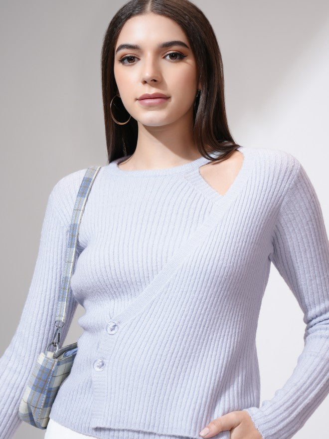 Tokyo Talkies Women Blue Round Neck Sweater - Blue - Image 1