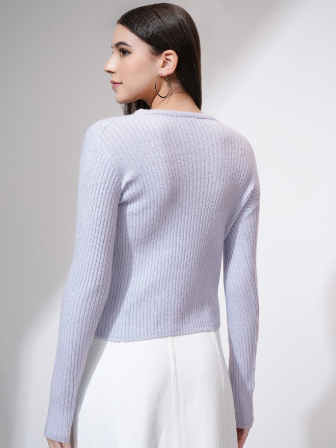 Tokyo Talkies Women Blue Round Neck Sweater - Blue - Image 3