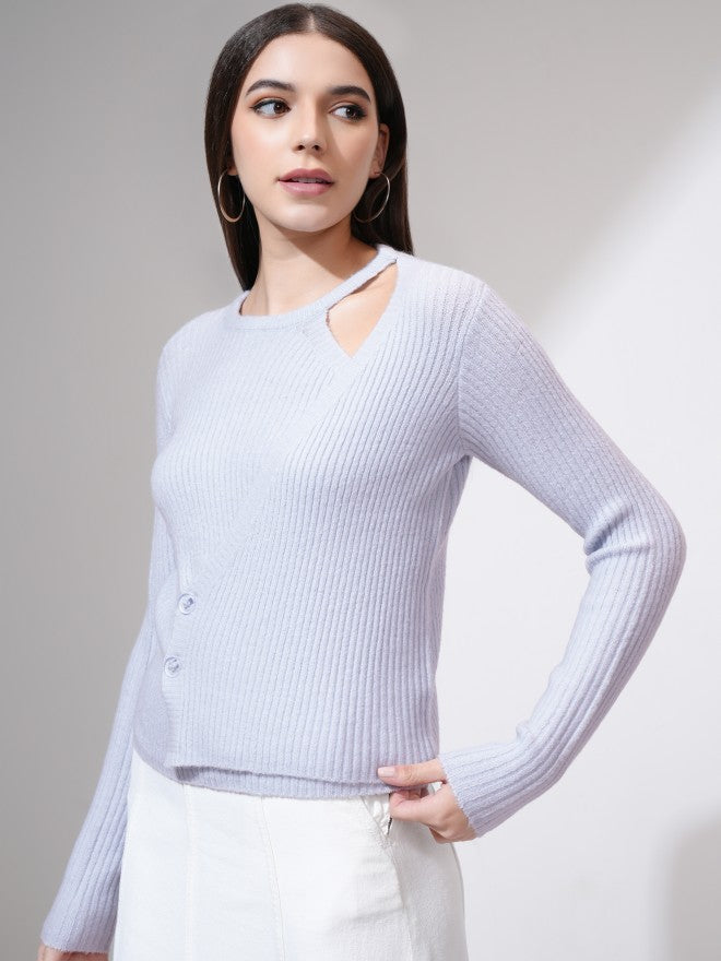 Tokyo Talkies Women Blue Round Neck Sweater - Blue - Image 4