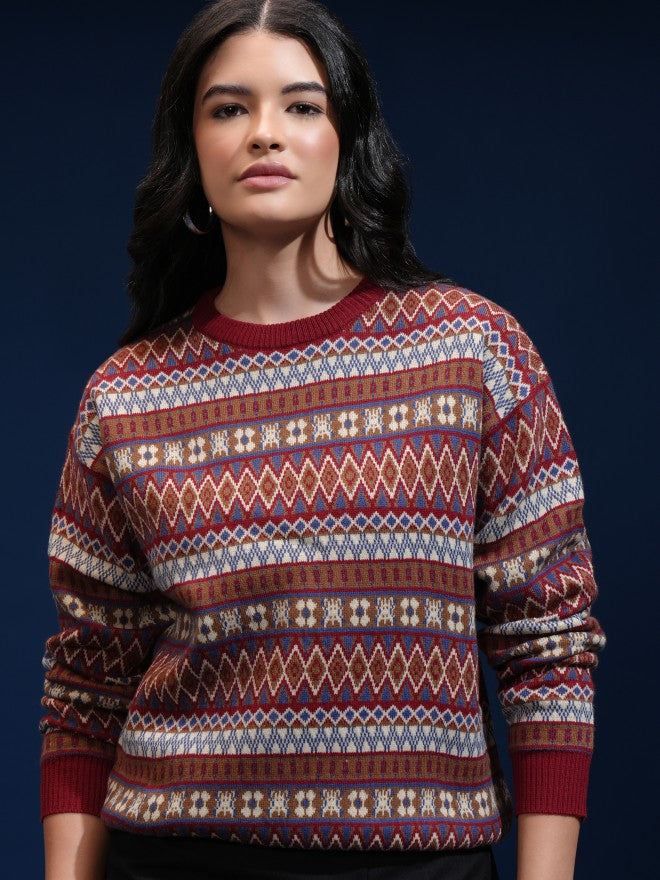 Tokyo Talkies Women Red Round Neck Sweater - Red - Image 1
