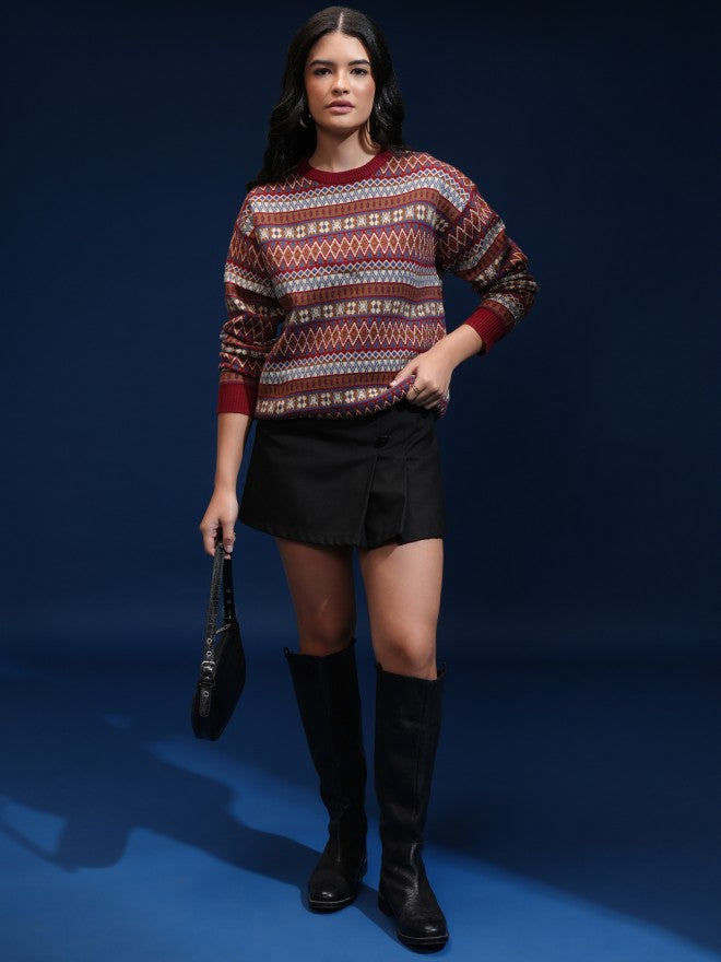 Tokyo Talkies Women Red Round Neck Sweater - Red - Image 2