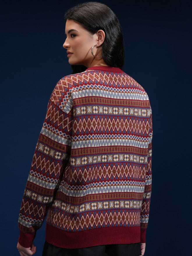 Tokyo Talkies Women Red Round Neck Sweater - Red - Image 3