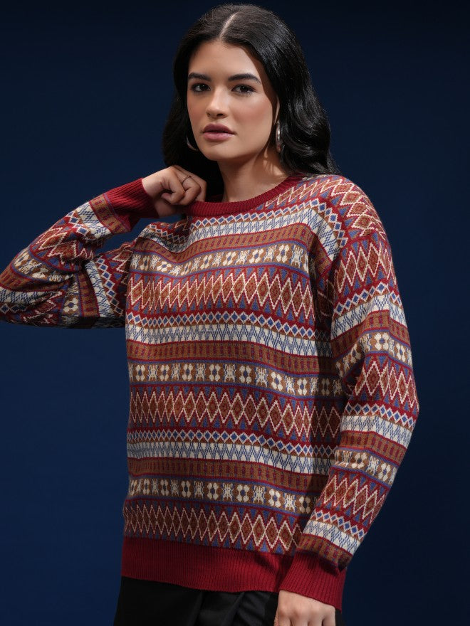 Tokyo Talkies Women Red Round Neck Sweater - Red - Image 4