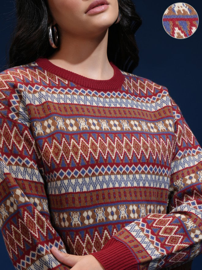 Tokyo Talkies Women Red Round Neck Sweater - Red - Image 5