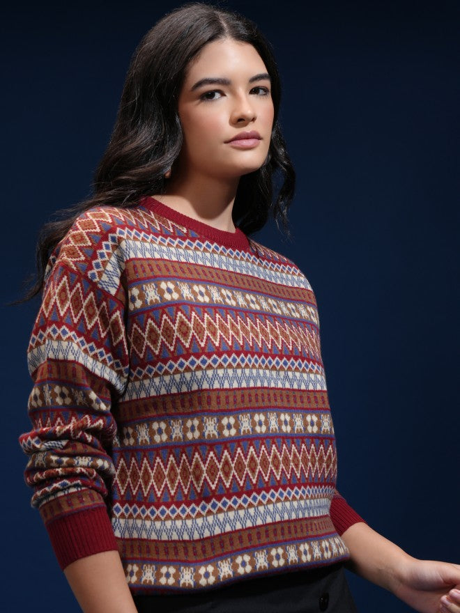 Tokyo Talkies Women Red Round Neck Sweater - Red - Image 6