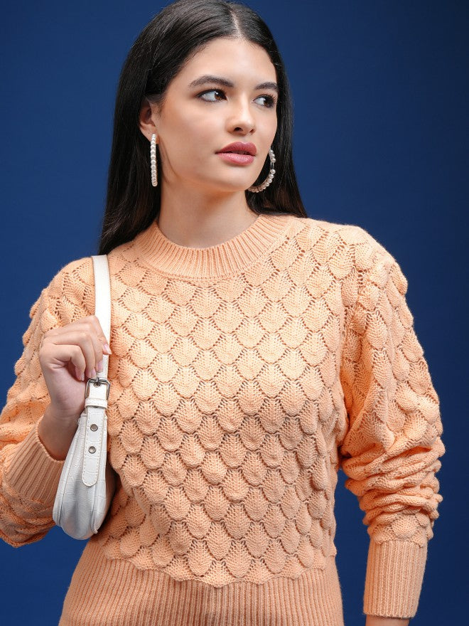 Tokyo Talkies Women Cream Round Neck Sweater - Cream - Image 1
