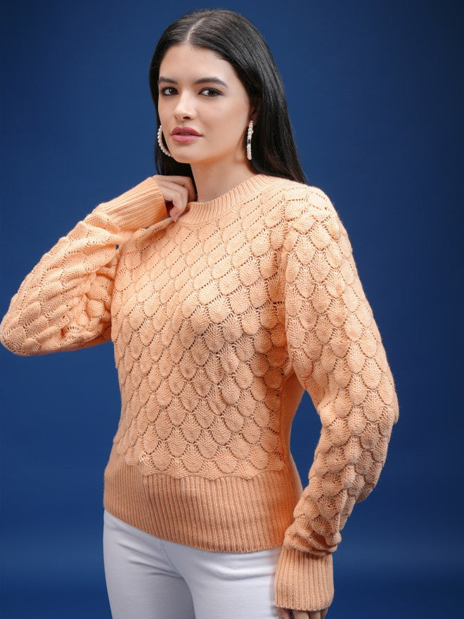 Tokyo Talkies Women Cream Round Neck Sweater - Cream - Image 4