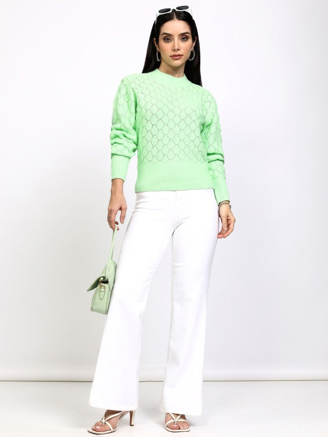 Tokyo Talkies Women Green Round Neck Sweater - Green - Image 2