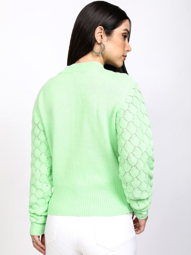 Tokyo Talkies Women Green Round Neck Sweater - Green - Image 3