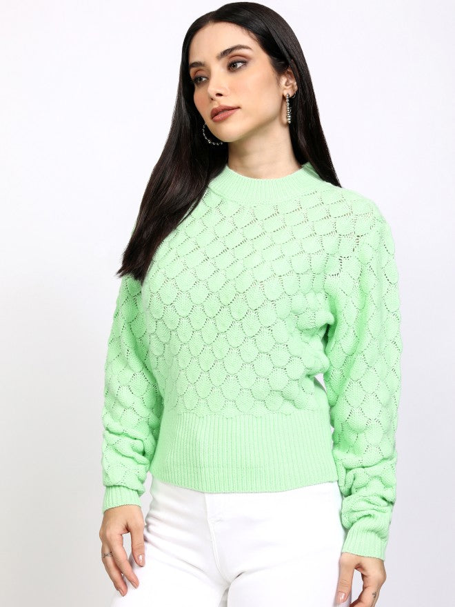 Tokyo Talkies Women Green Round Neck Sweater - Green - Image 4