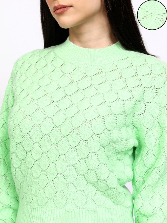 Tokyo Talkies Women Green Round Neck Sweater - Green - Image 5