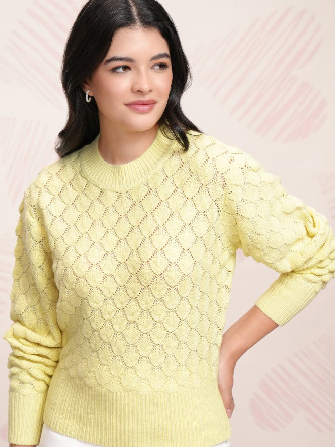 Tokyo Talkies Women Yellow Round Neck Sweater - Yellow - Image 1