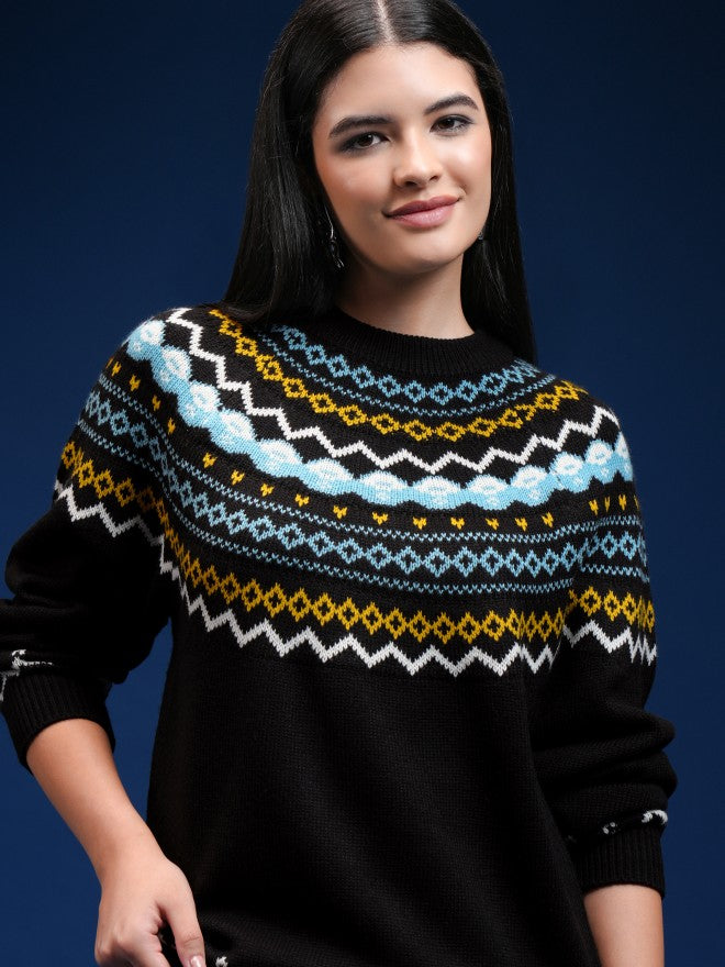 Tokyo Talkies Women Black Round Neck Sweater - Black - Image 1