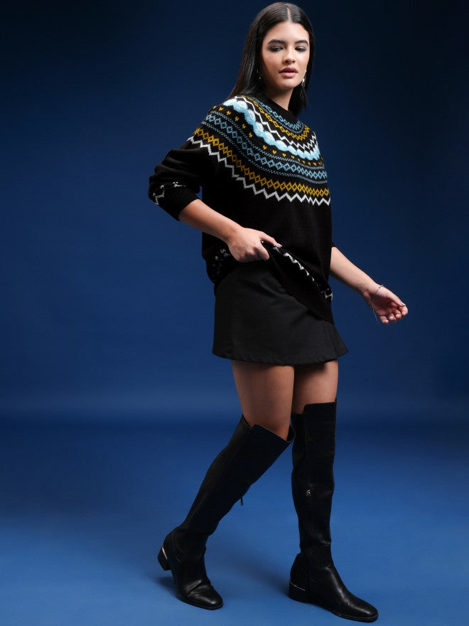 Tokyo Talkies Women Black Round Neck Sweater - Black - Image 2