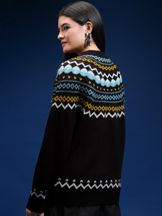 Tokyo Talkies Women Black Round Neck Sweater - Black - Image 3
