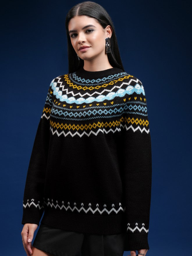 Tokyo Talkies Women Black Round Neck Sweater - Black - Image 4