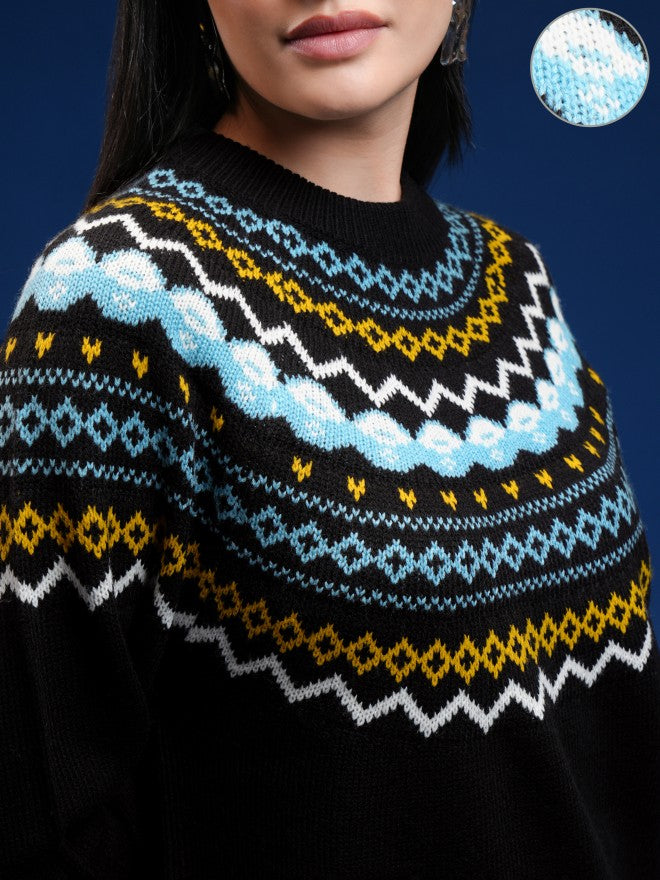Tokyo Talkies Women Black Round Neck Sweater - Black - Image 5