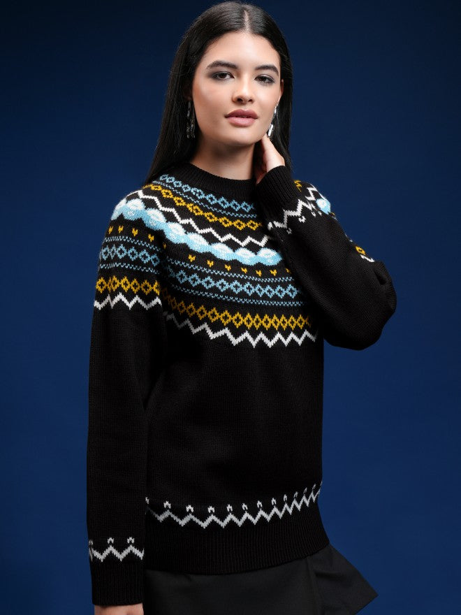 Tokyo Talkies Women Black Round Neck Sweater - Black - Image 6