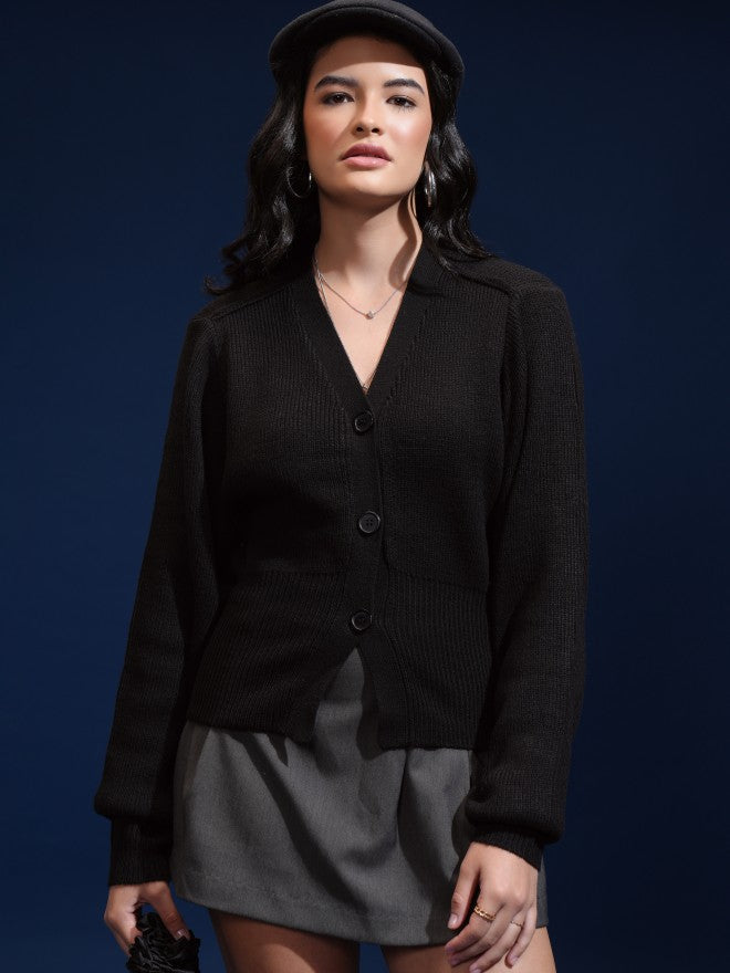 Tokyo Talkies Women Black V-Neck Sweater - Black - Image 1