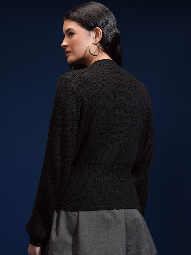 Tokyo Talkies Women Black V-Neck Sweater - Black - Image 3