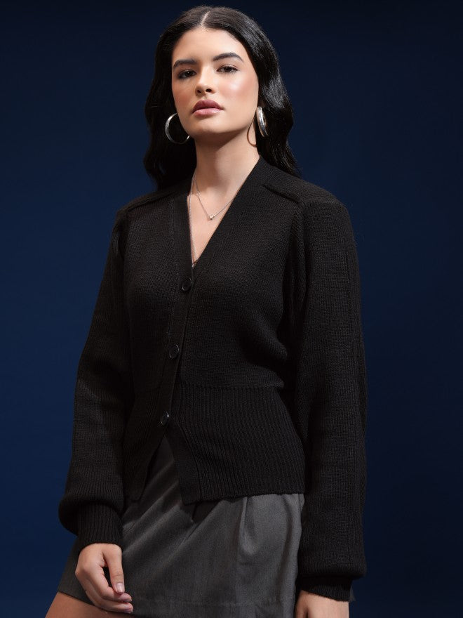 Tokyo Talkies Women Black V-Neck Sweater - Black - Image 4