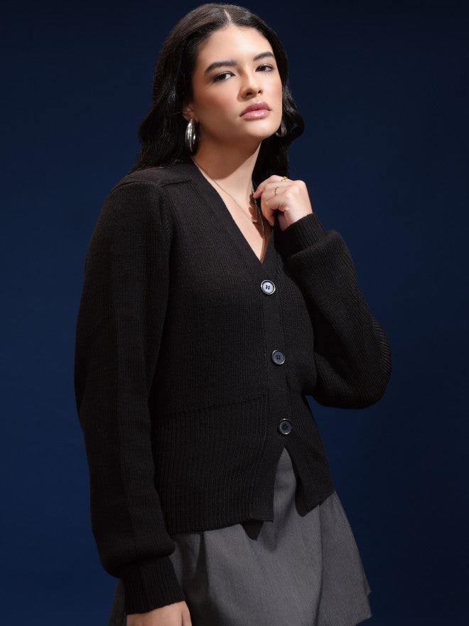 Tokyo Talkies Women Black V-Neck Sweater - Black - Image 6