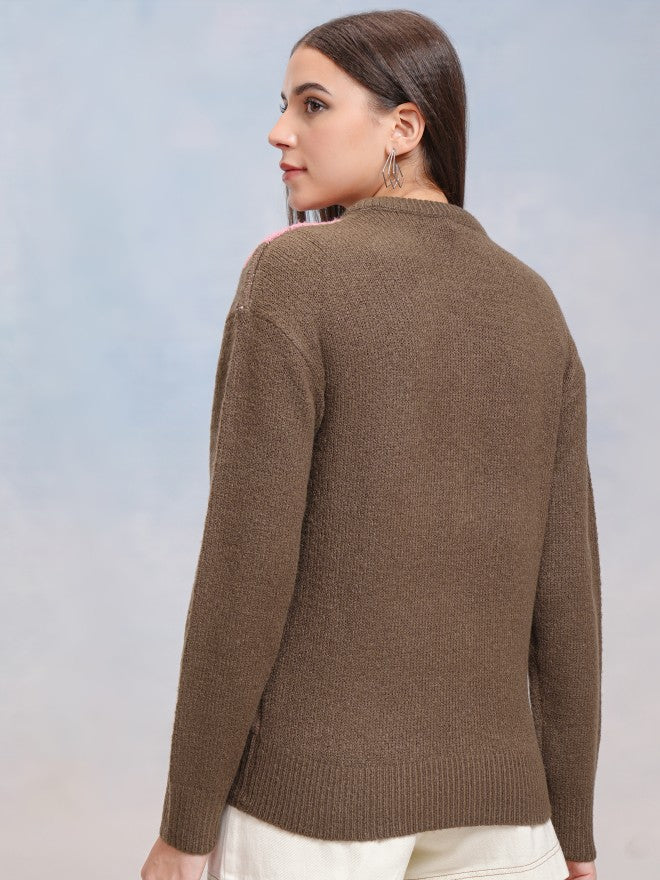 Tokyo Talkies Women Coffee Brown Round Neck Sweater - Coffee Brown - Image 3