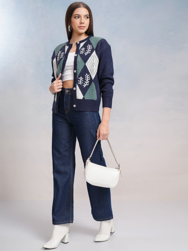 Tokyo Talkies Women Navy Blue Round Neck Sweater - Navy Blue - Image 2