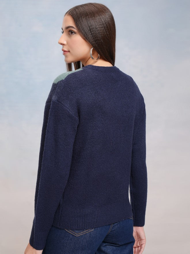 Tokyo Talkies Women Navy Blue Round Neck Sweater - Navy Blue - Image 3