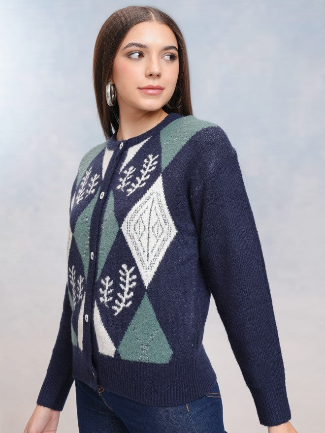 Tokyo Talkies Women Navy Blue Round Neck Sweater - Navy Blue - Image 4