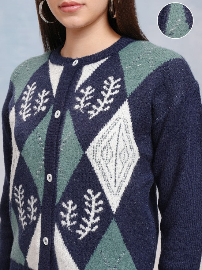 Tokyo Talkies Women Navy Blue Round Neck Sweater - Navy Blue - Image 5