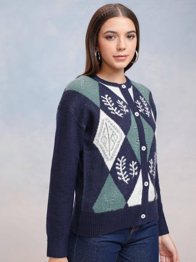 Tokyo Talkies Women Navy Blue Round Neck Sweater - Navy Blue - Image 6