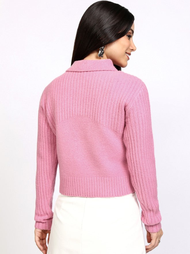 Tokyo Talkies Women Pink Shawl Neck Sweater - Pink - Image 3