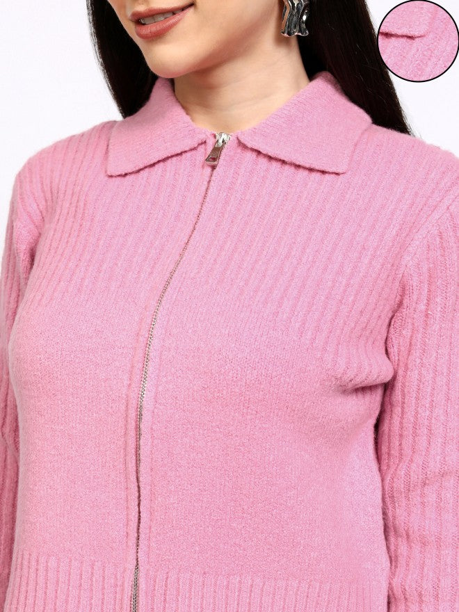 Tokyo Talkies Women Pink Shawl Neck Sweater - Pink - Image 5