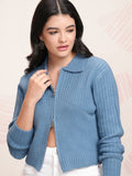 Tokyo Talkies Women Blue Shawl Neck Sweater - Blue - Image 1