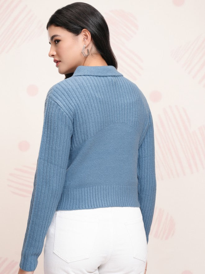 Tokyo Talkies Women Blue Shawl Neck Sweater - Blue - Image 3