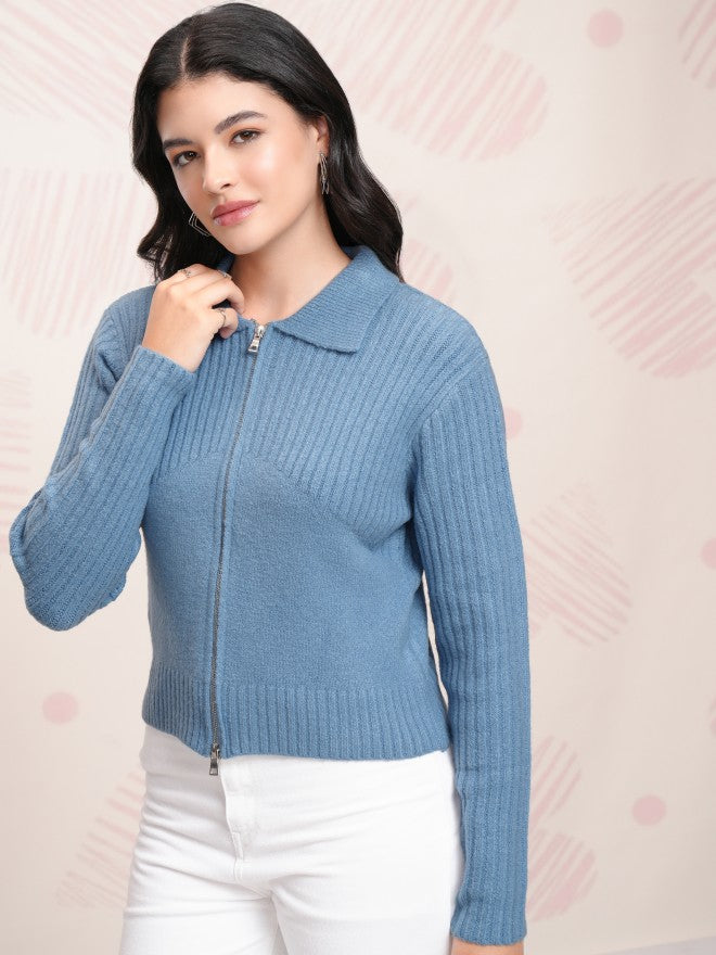 Tokyo Talkies Women Blue Shawl Neck Sweater - Blue - Image 4